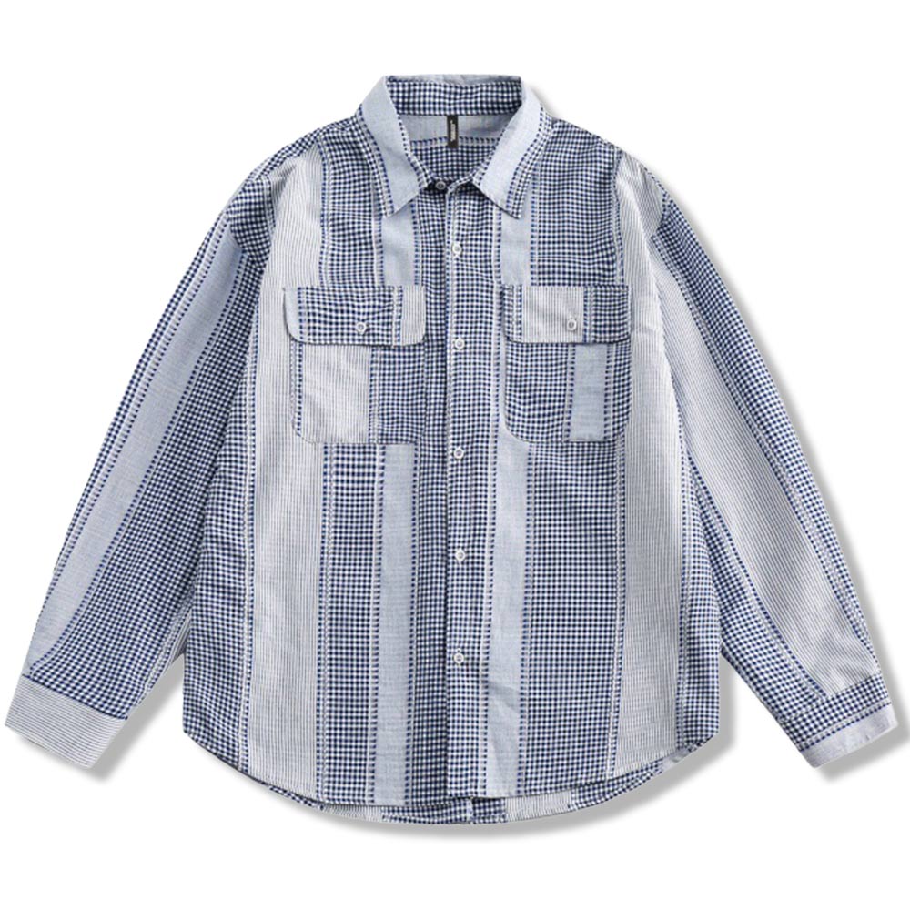 アメカジ　チェック柄パッチワーク長袖シャツ