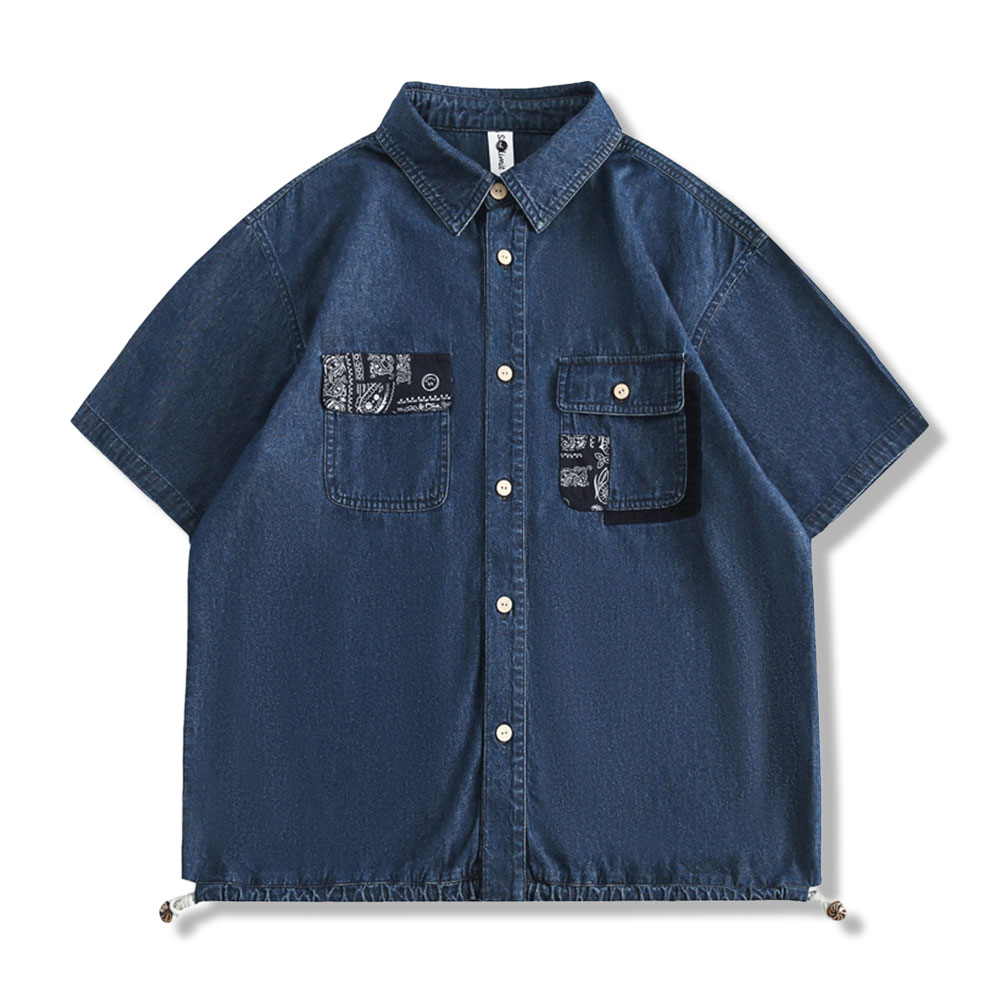 アメカジ　ペイズリー柄パッチワークシャツ 半袖