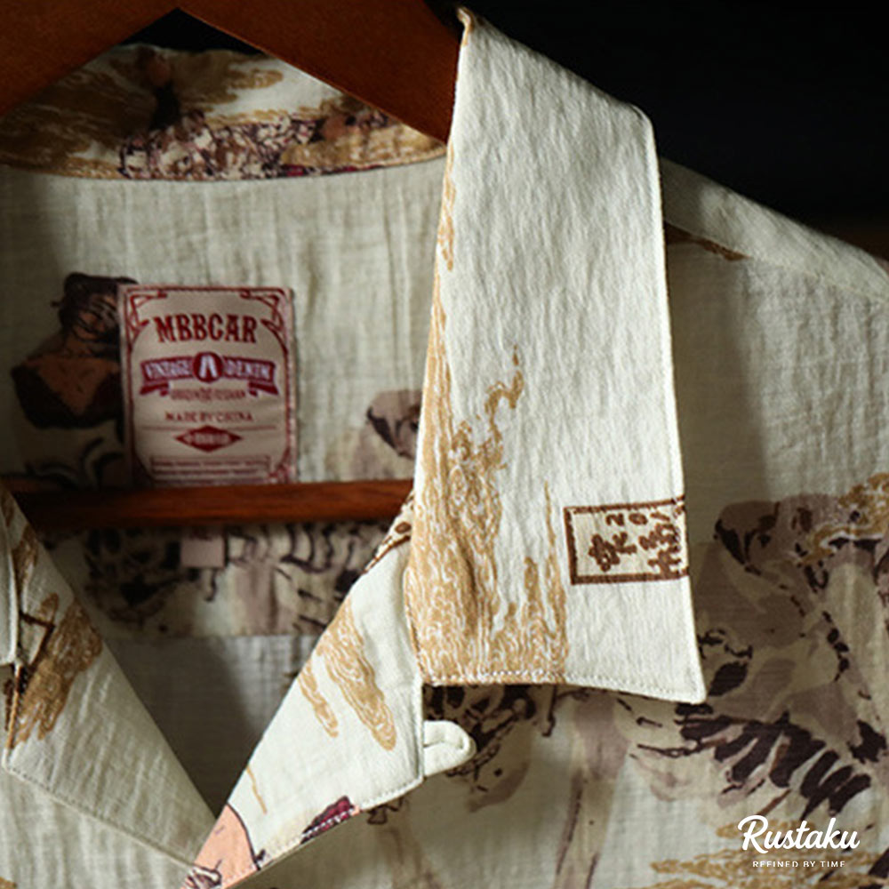 リネン混紡　浮世絵「侍の骸骨」総柄キューバシャツ