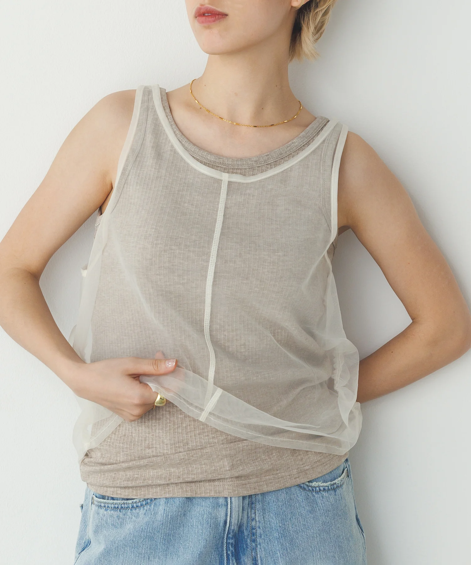 チュールレイヤード リブタンクトップ