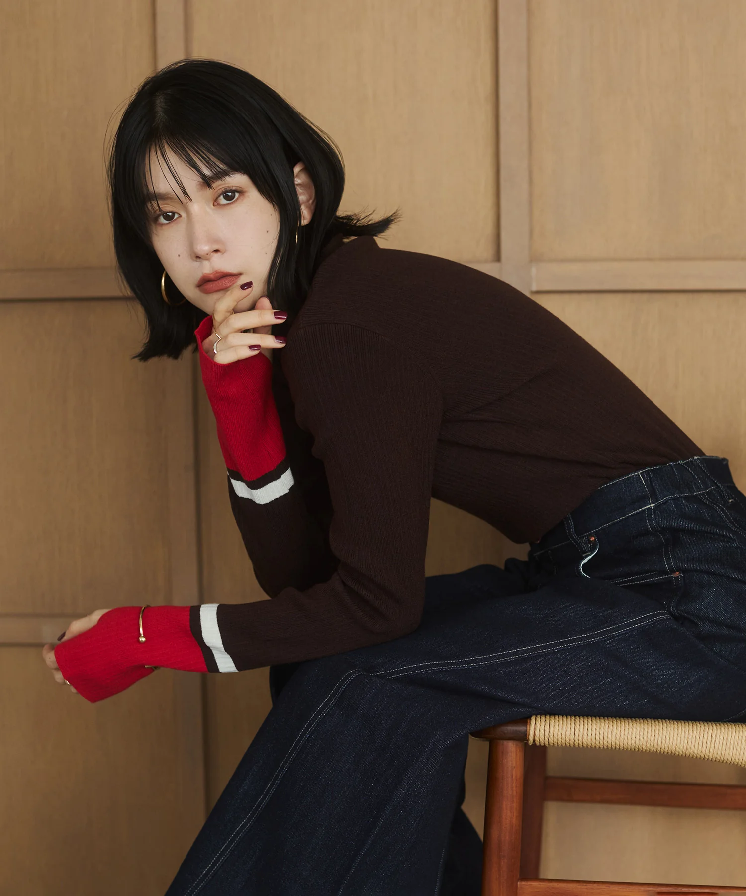 【静電気防止】やわもちヤーン 袖配色 ハイネックリブニット