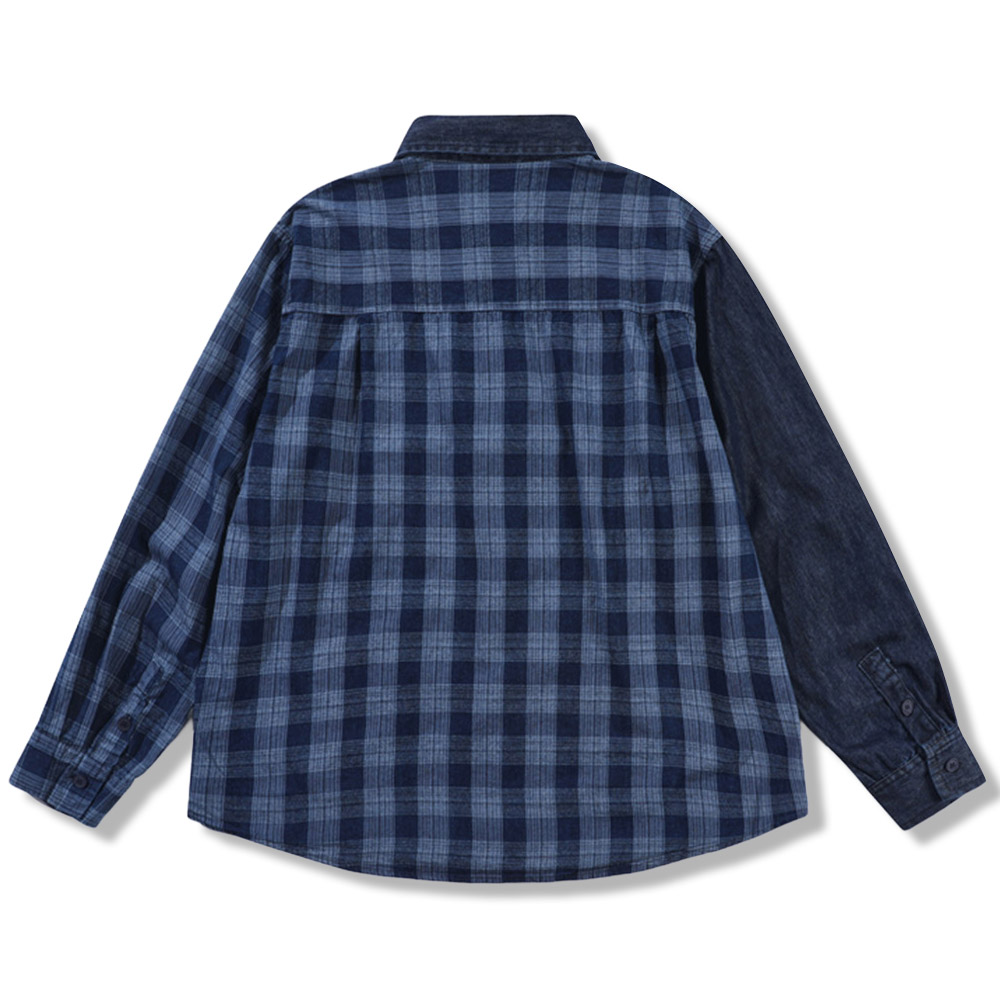 アメカジ　藍染チェック柄パッチワークシャツ