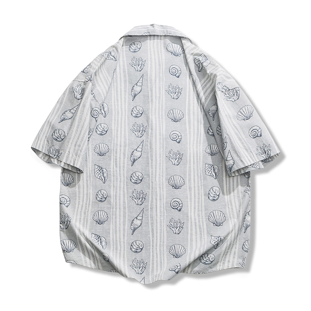 貝化石プリント　オープンカラーシャツ