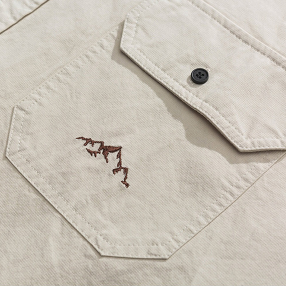 無地　 ミニマル刺繍入りワーク長袖シャツメンズ