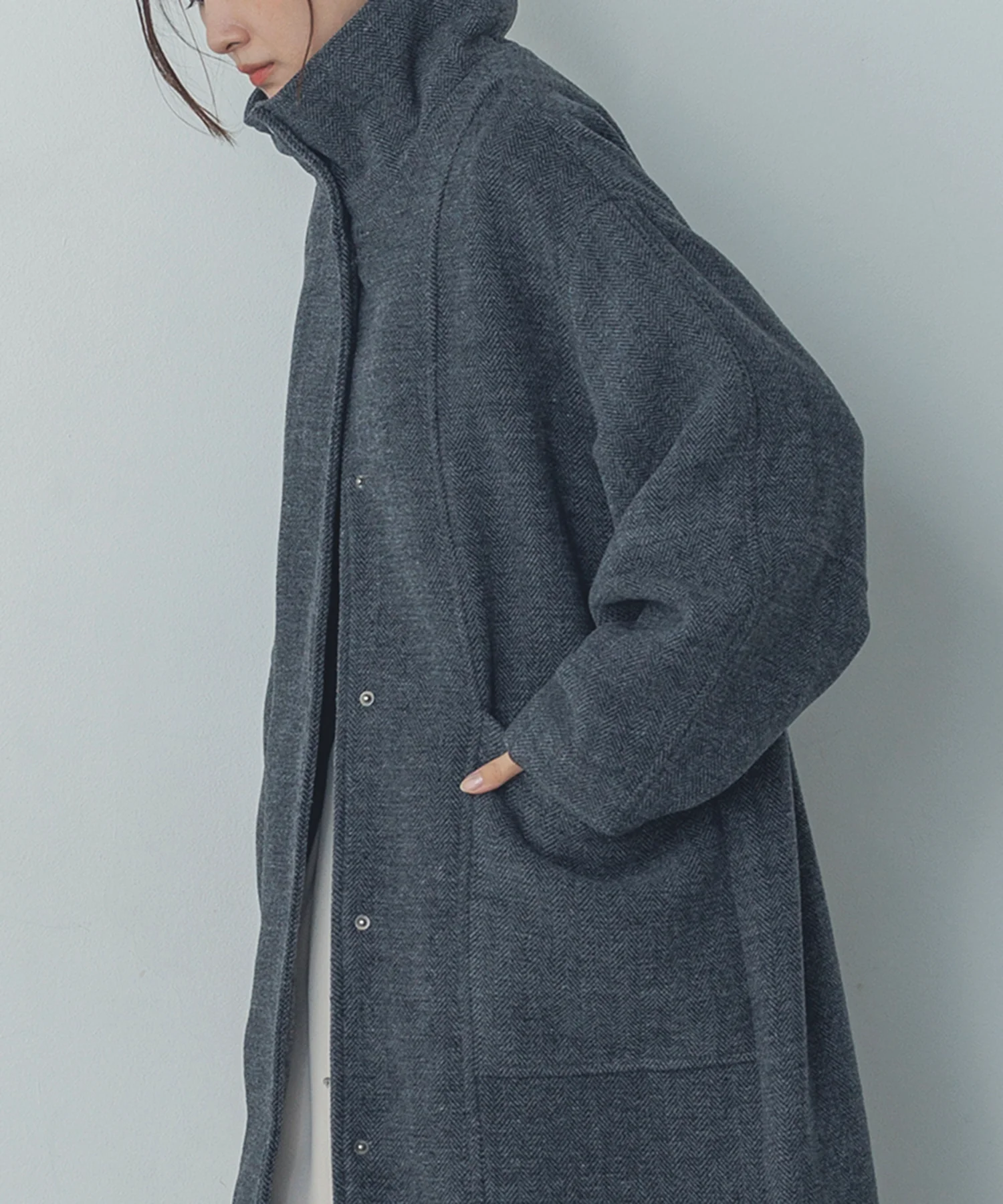 杢ヘリンボーン スタンドカラーコート