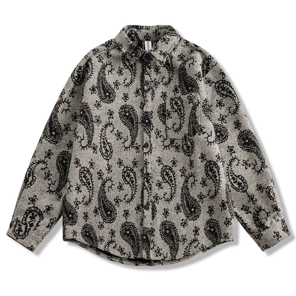 アメリカンレトロ　 ペイズリー柄モノクロ長袖シャツ