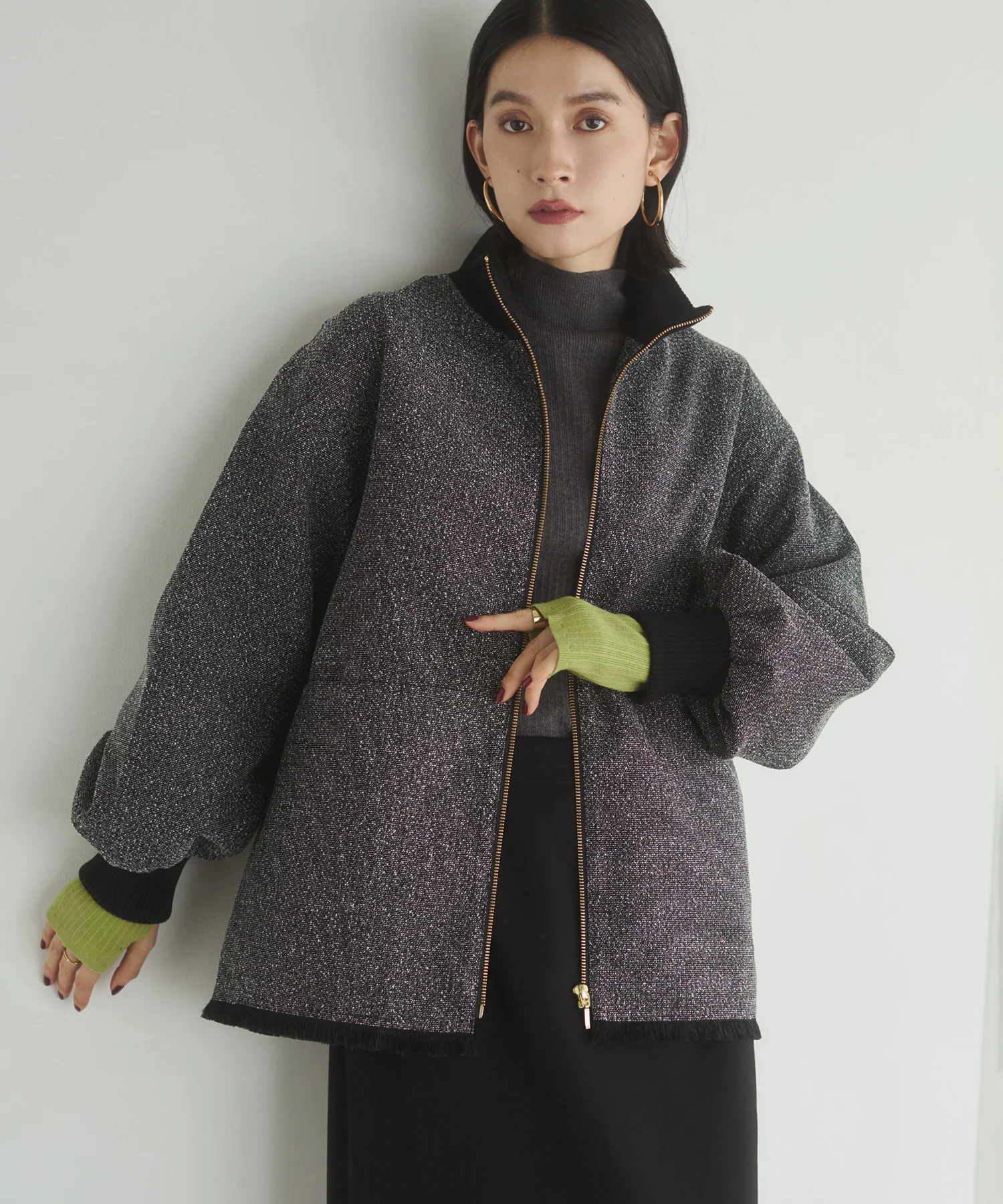 スタンドカラー ツィードブルゾン