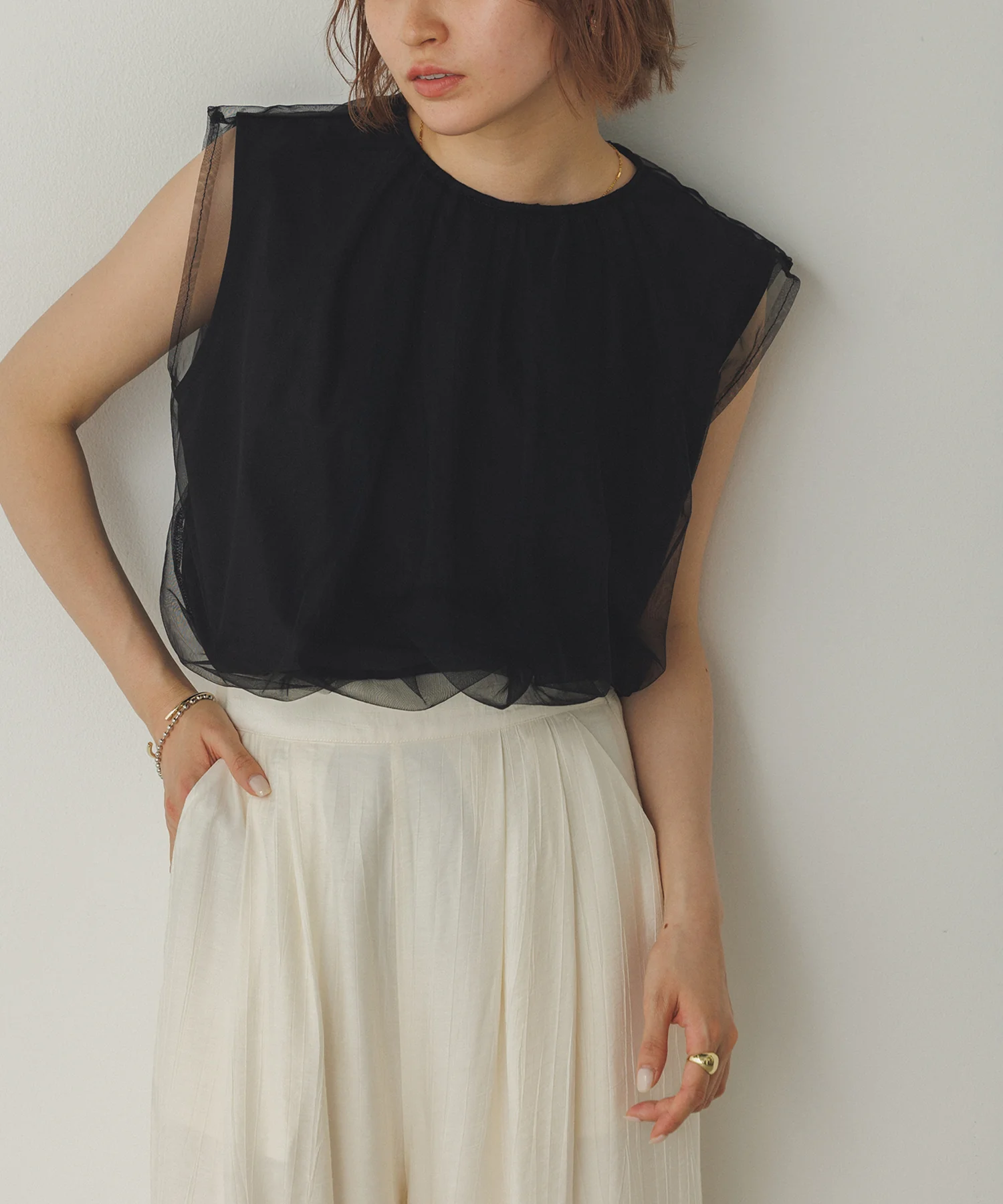 【接触冷感】チュールレイヤードトップス