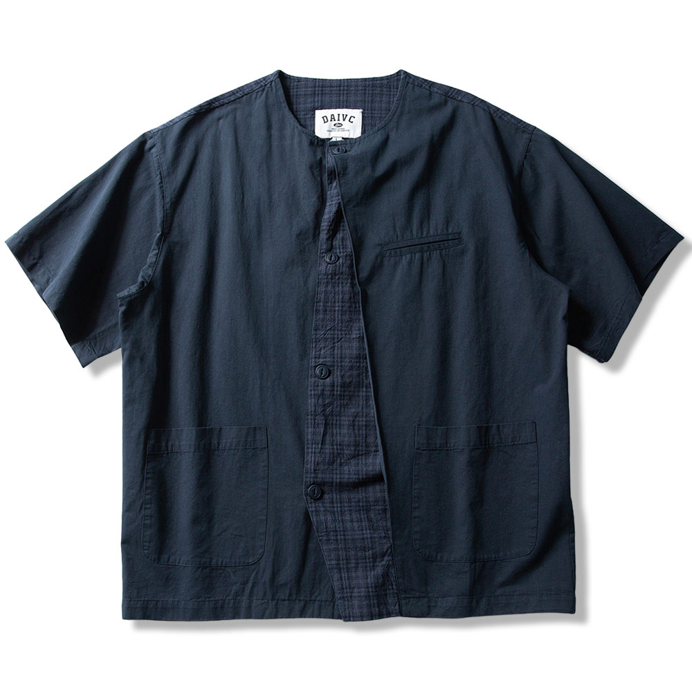 チェック柄切り替え　和風ノーカラーシャツ半袖