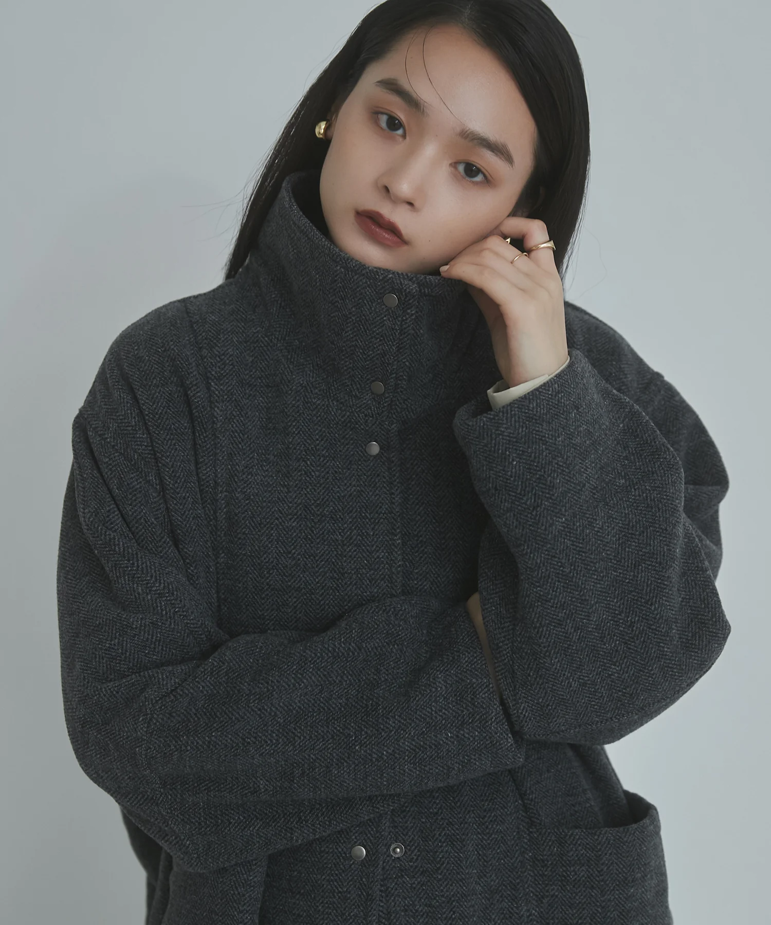 杢ヘリンボーン スタンドカラーコート