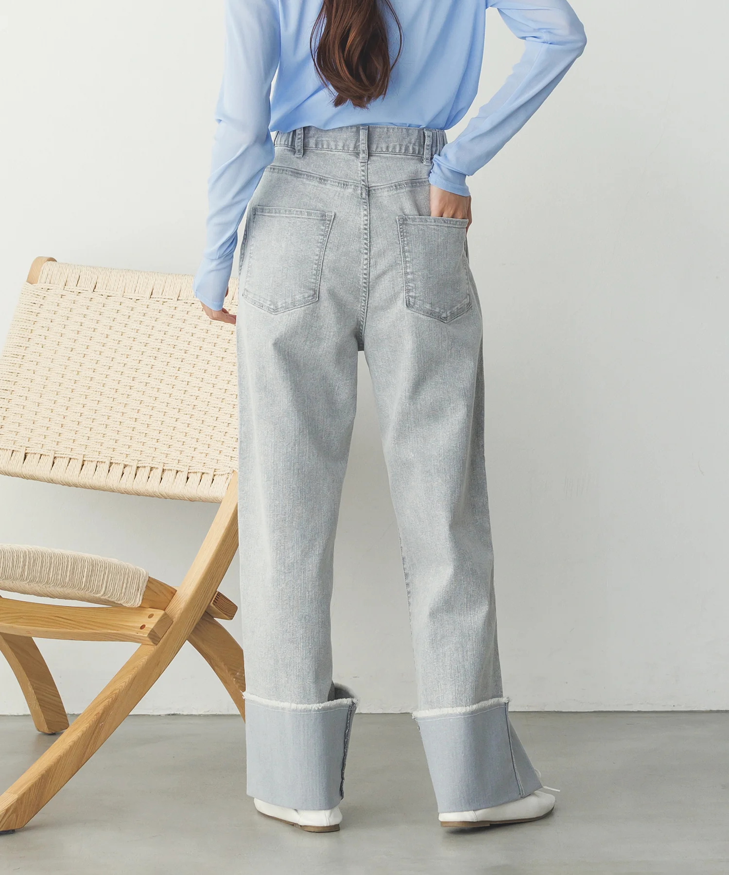 ロールアップ ワイドストレートデニムパンツ