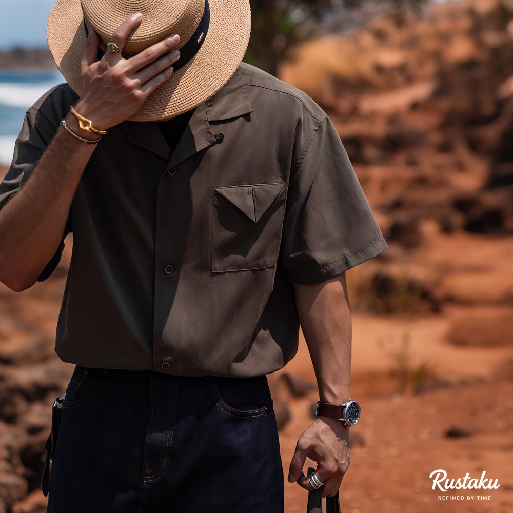 「ジャングルの掟」ブラックパンサー刺繍　ピーチスキン キューバカラーシャツ