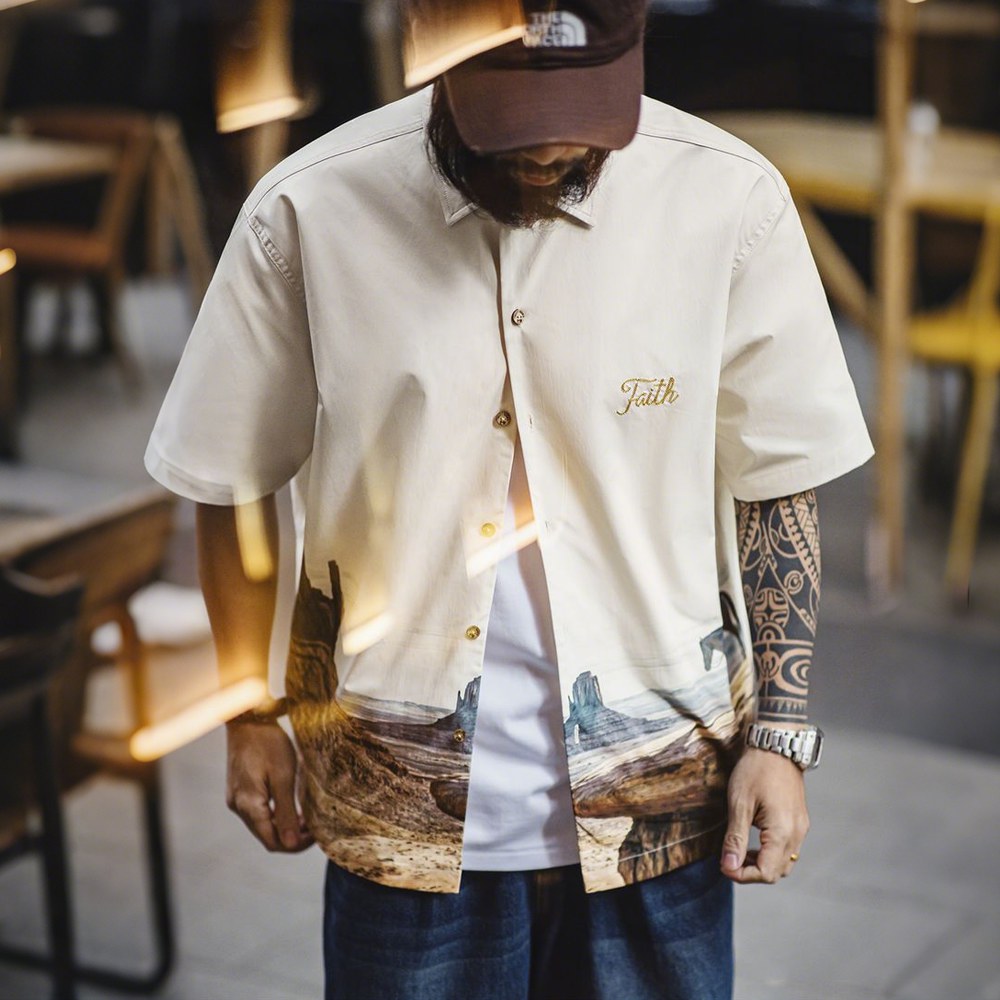 「モニュメントバレー・ライダー」軽量チェーンステッチ刺繍折り襟シャツ