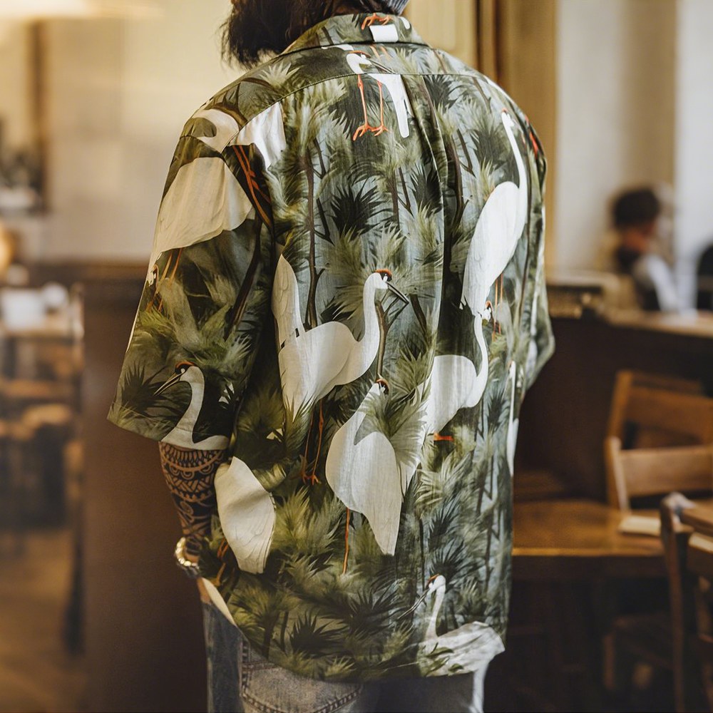 「松と鶴」プリント　シワ防止接触冷感開襟シャツ