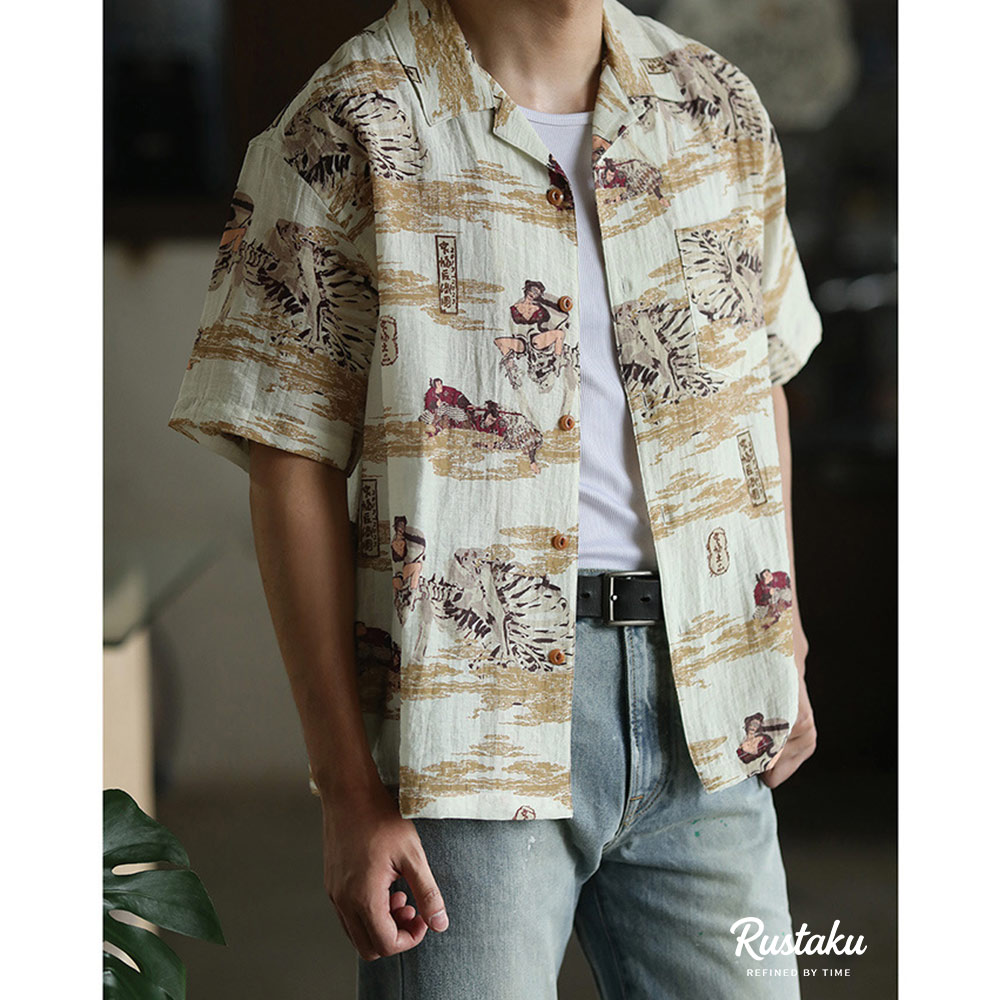 リネン混紡　浮世絵「侍の骸骨」総柄キューバシャツ