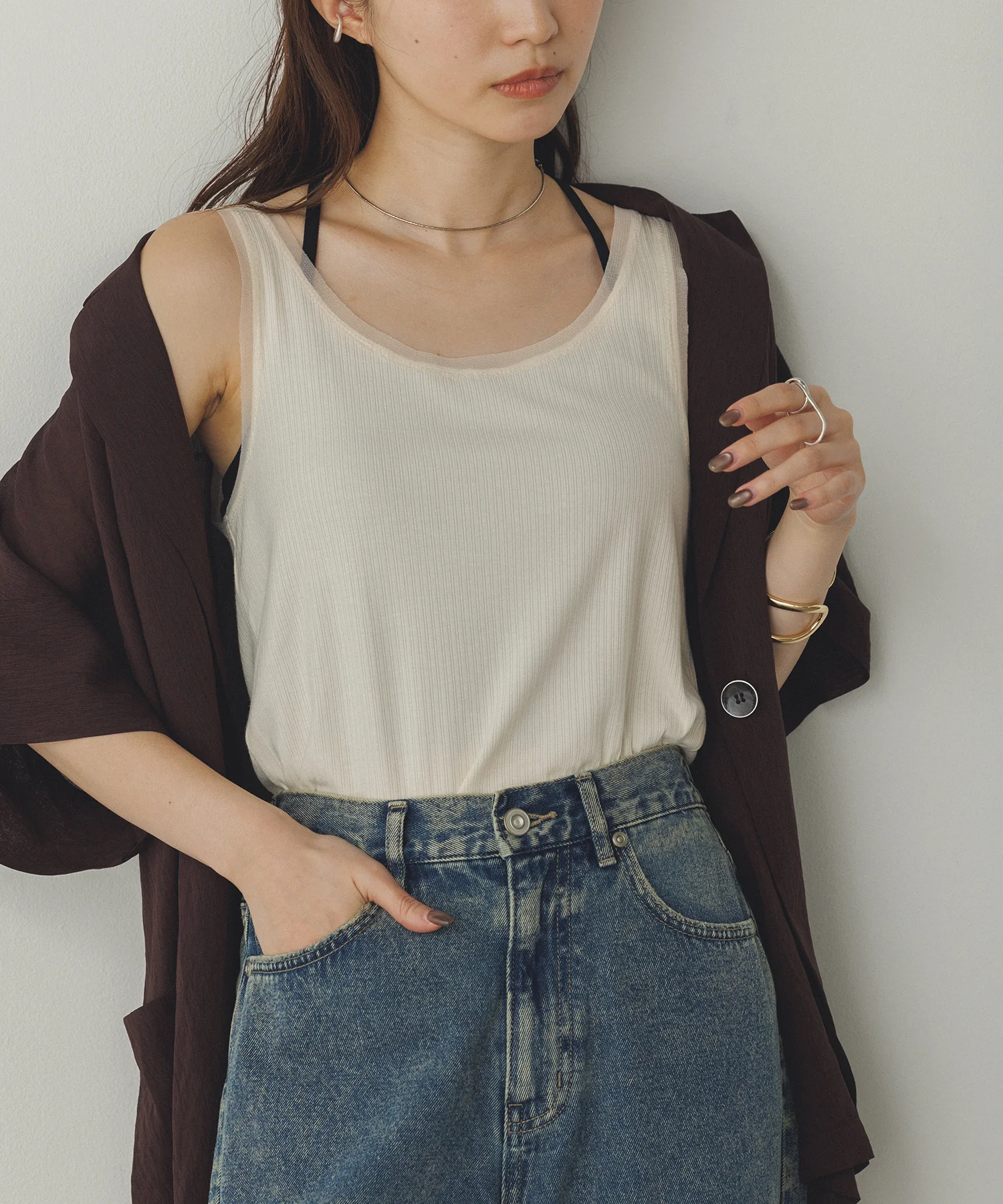 前後2WAY リブチュールタンクトップ