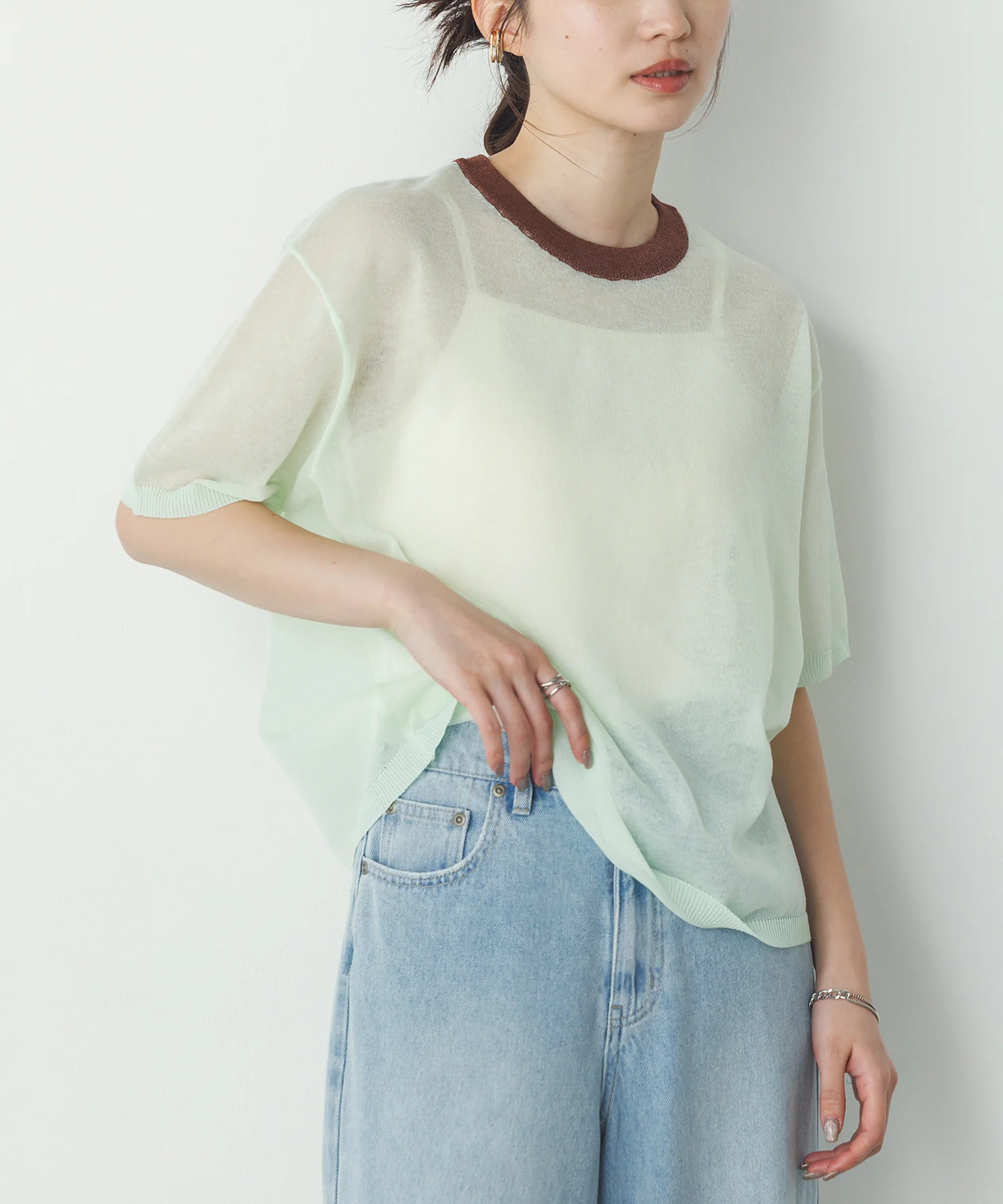 バイカラー シアー半袖ニット