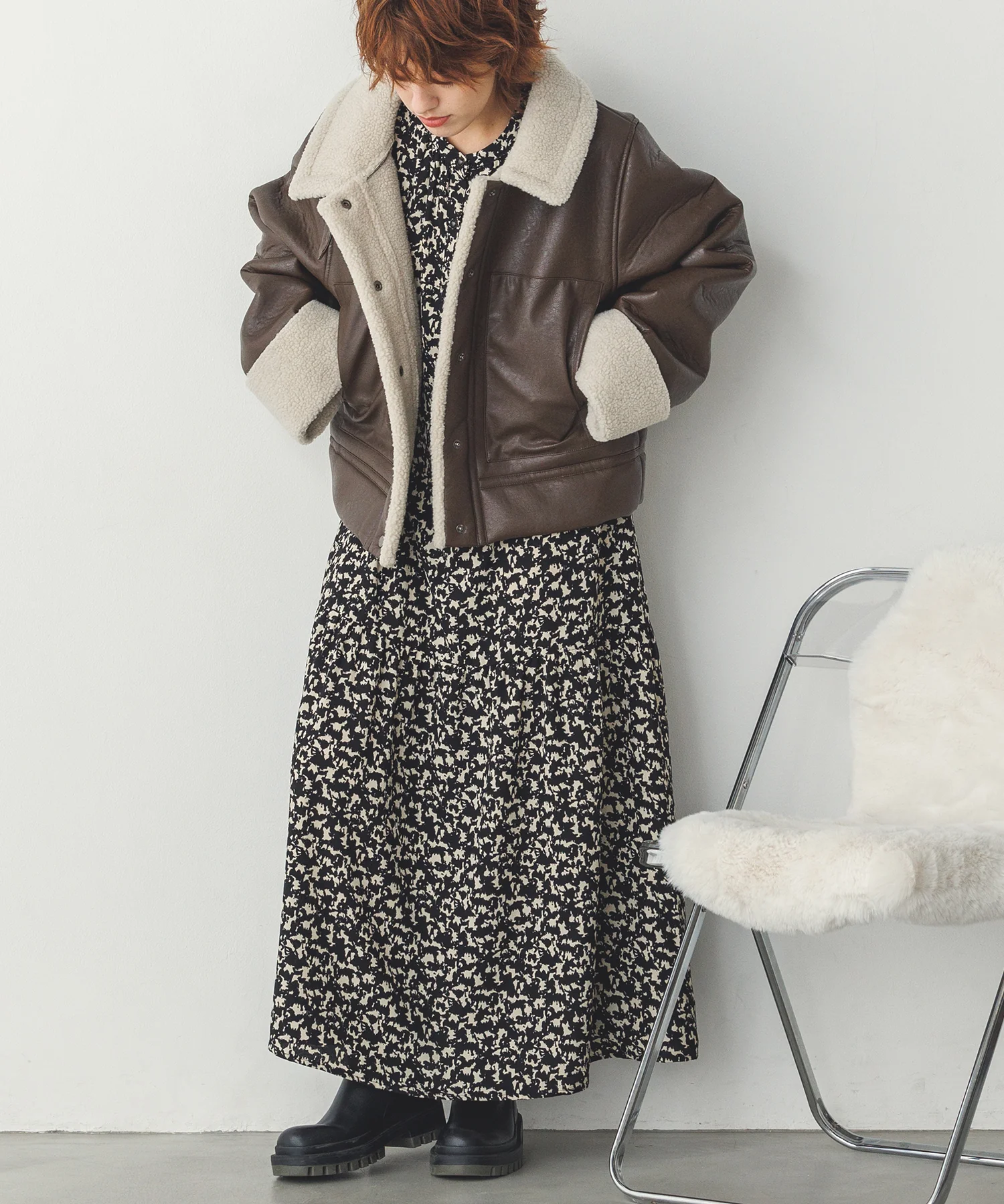 フェイクレザー×ボア ブルゾン