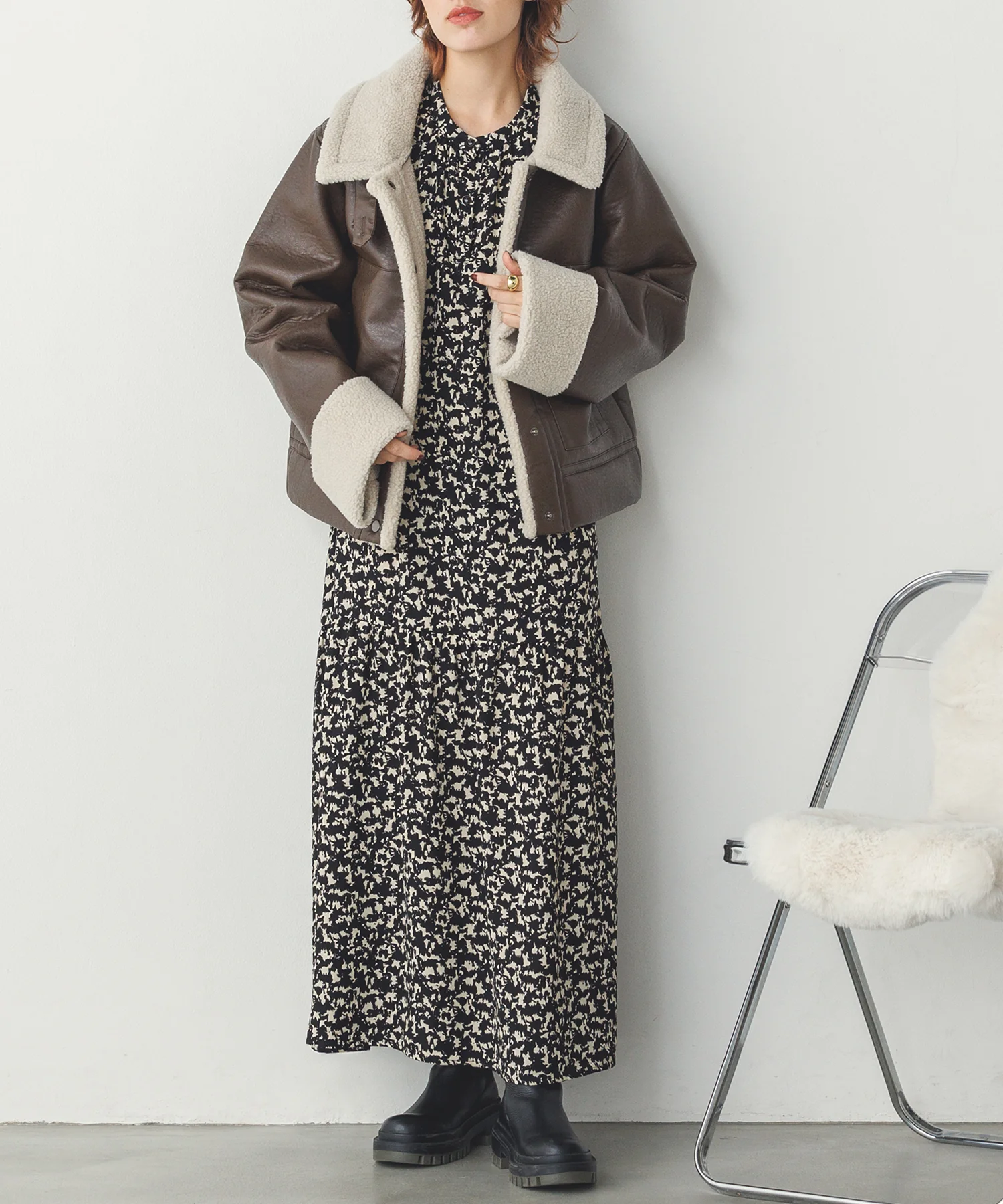 フェイクレザー×ボア ブルゾン