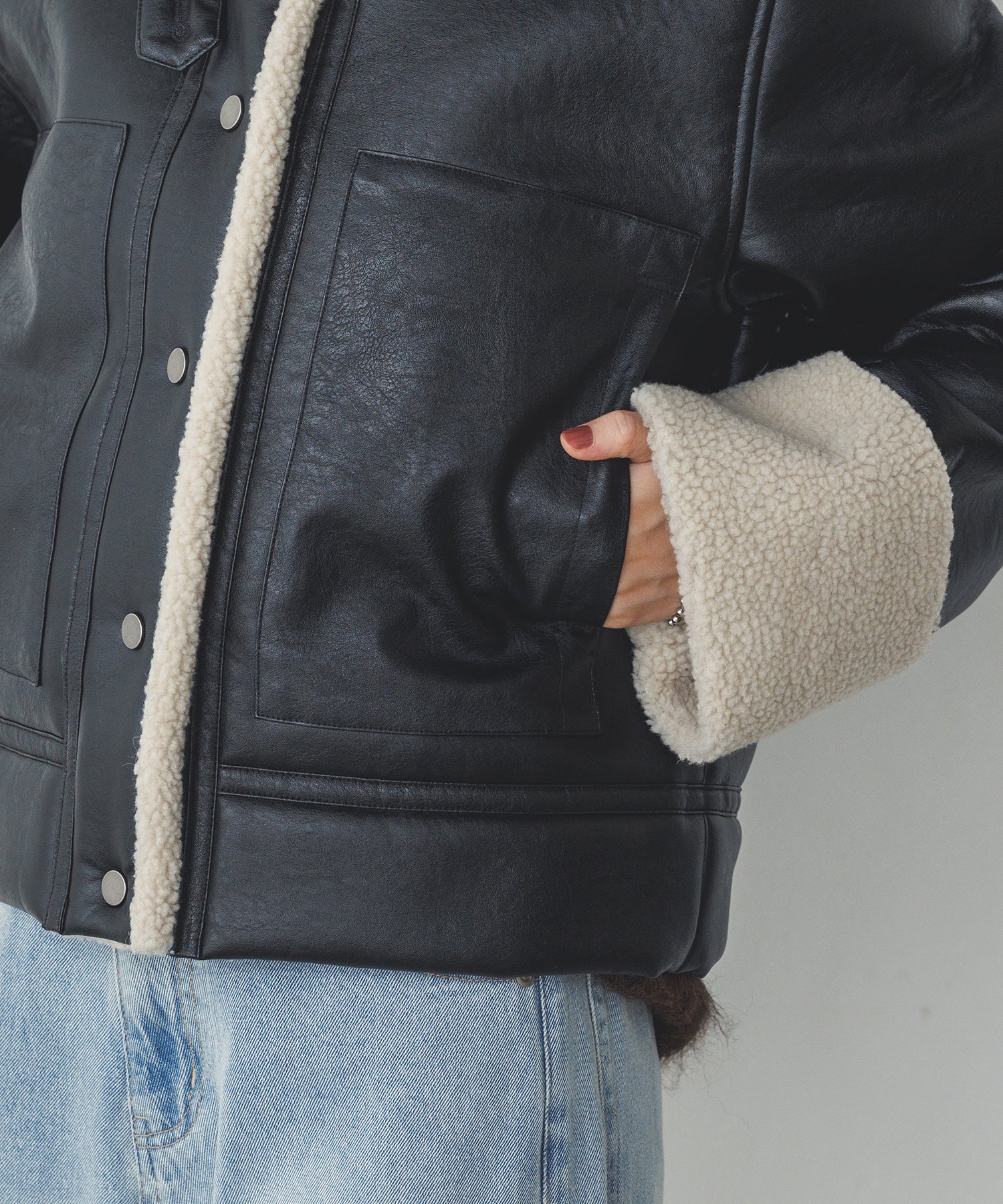 フェイクレザー×ボア ブルゾン