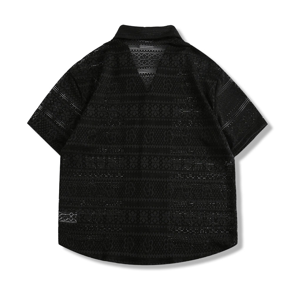 アメカジ　メンズ透かし彫りオープンカラーシャツ 半袖 