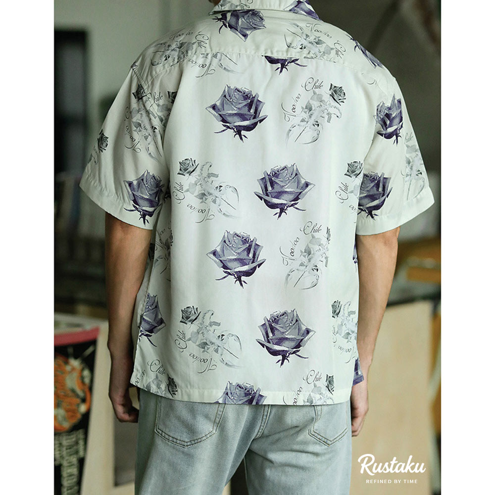 冷感リヨセル　サソリとバラの総柄アロハシャツ
