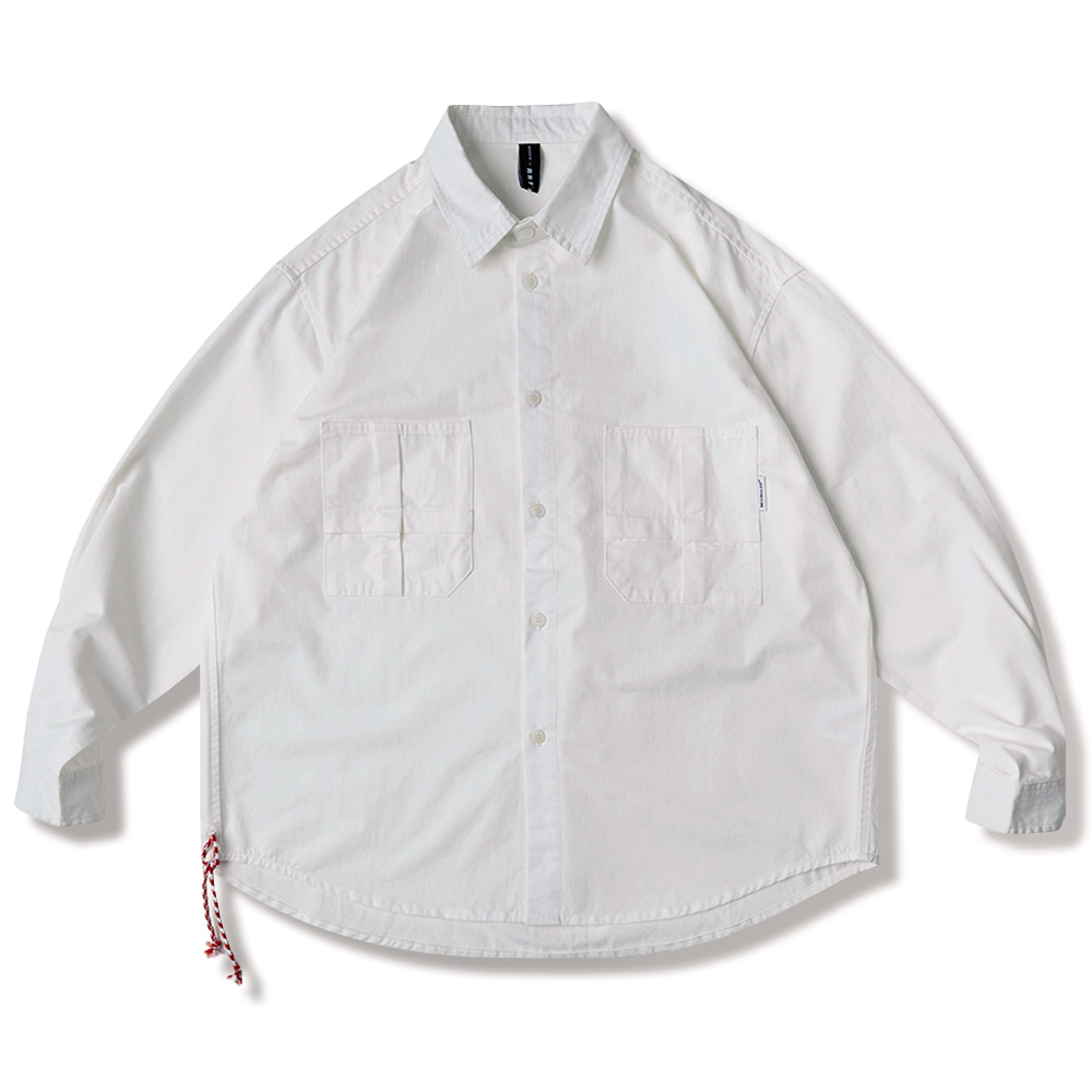 高密度ヘビーウェイト　裾赤ドローストリング付きコットン長袖シャツ