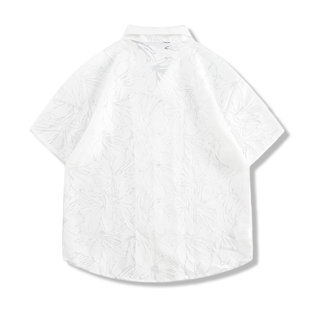 透かし彫り花柄　半袖開襟シャツ