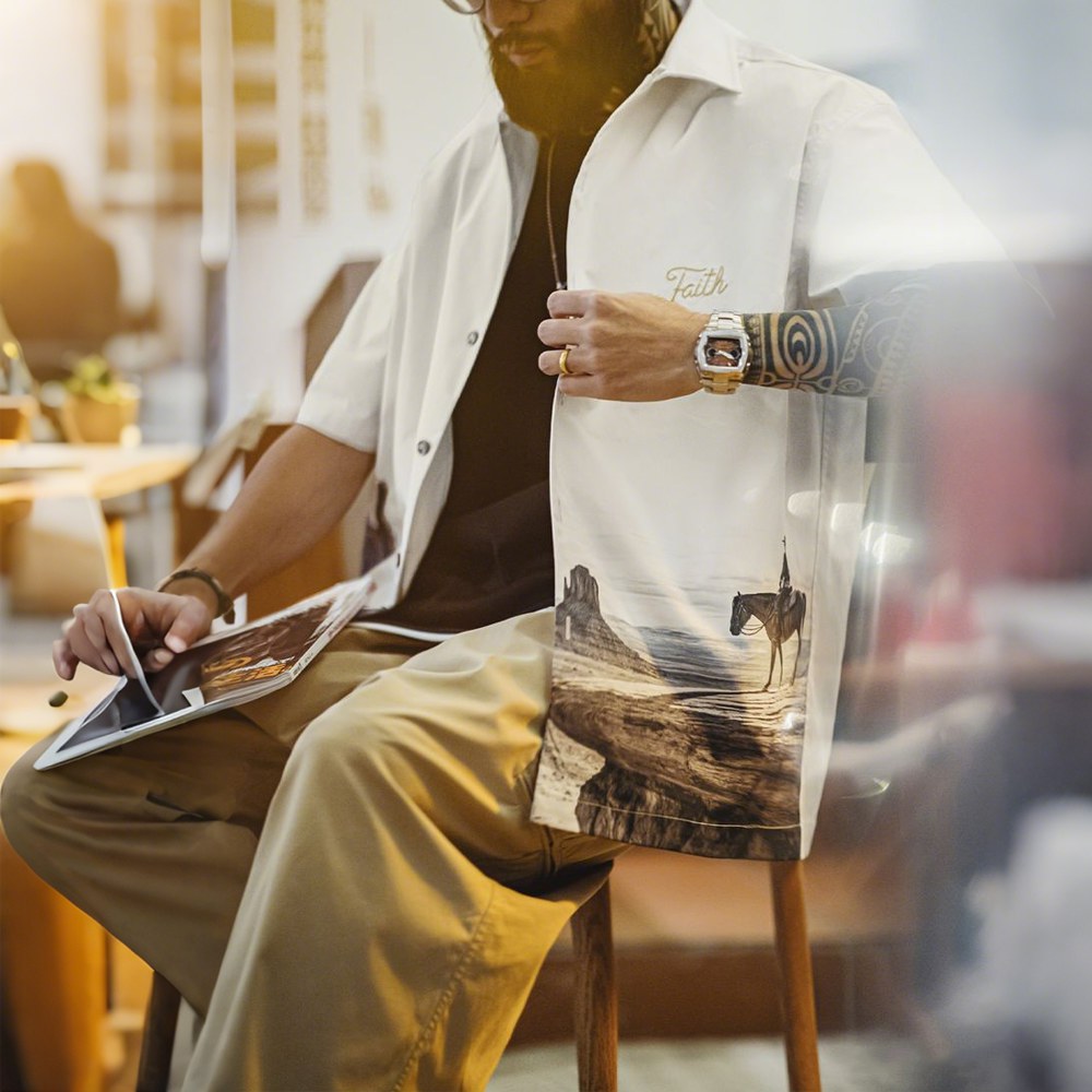 「モニュメントバレー・ライダー」軽量チェーンステッチ刺繍折り襟シャツ