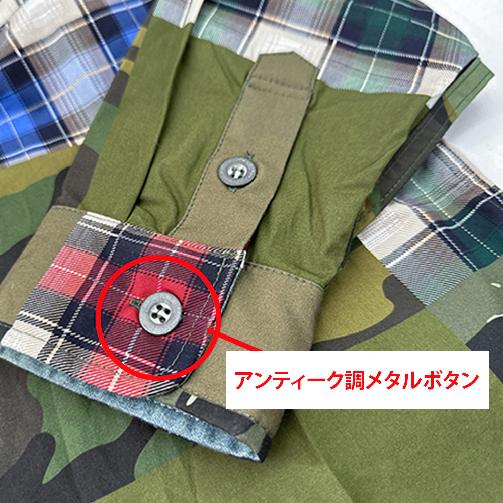 カモフラ＆チェック柄プリント長袖ワークシャツ
