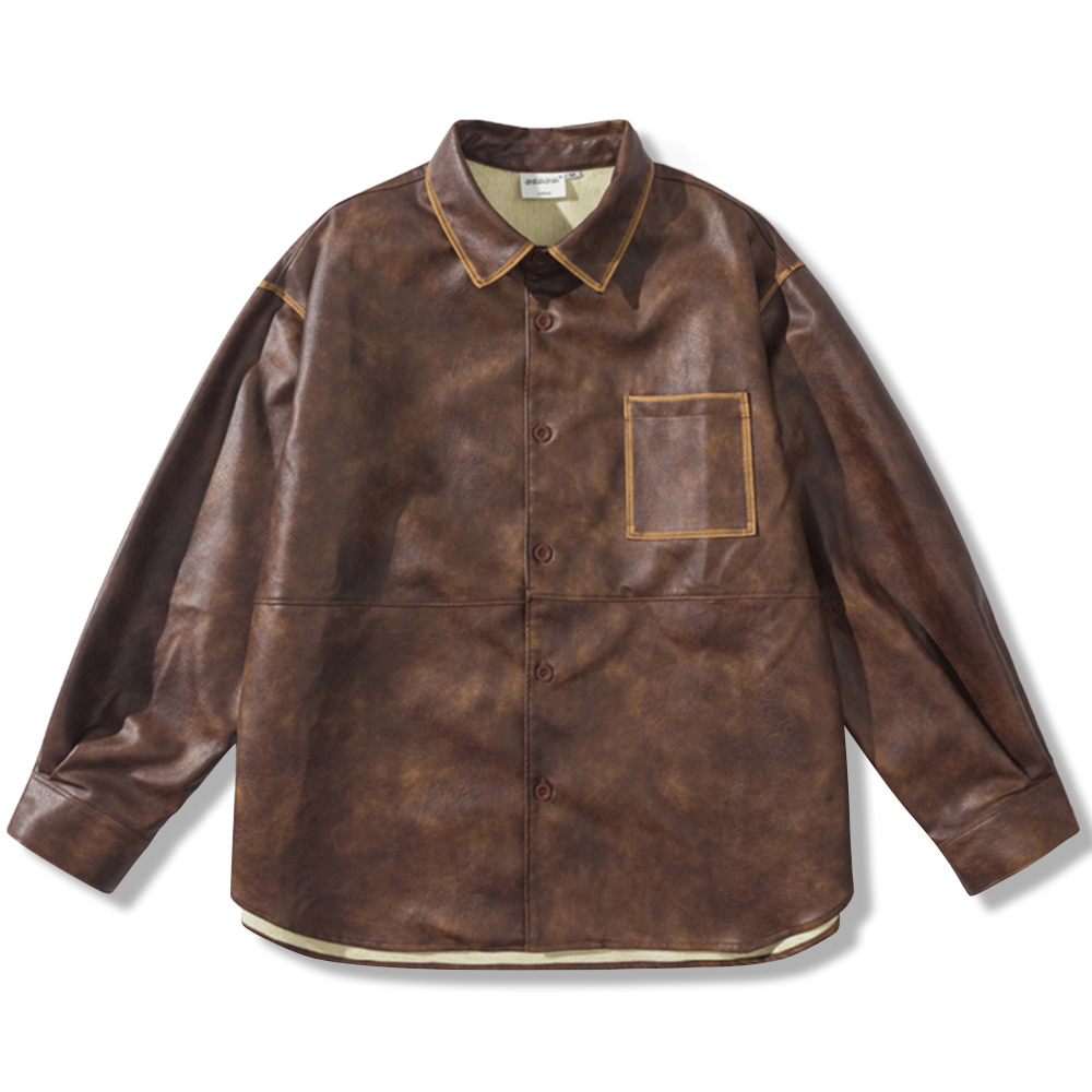 アメカジ　アンティーク風レザー長袖シャツ