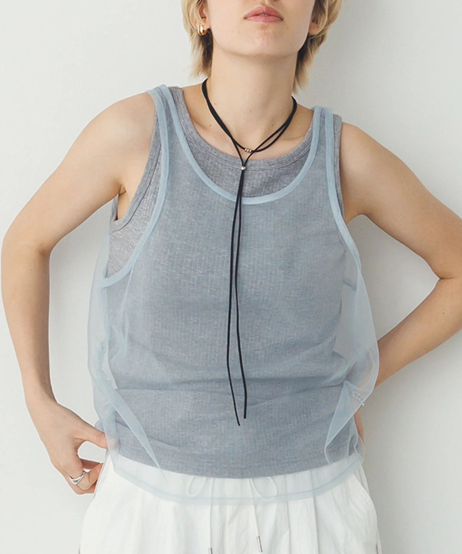 チュールレイヤード リブタンクトップ