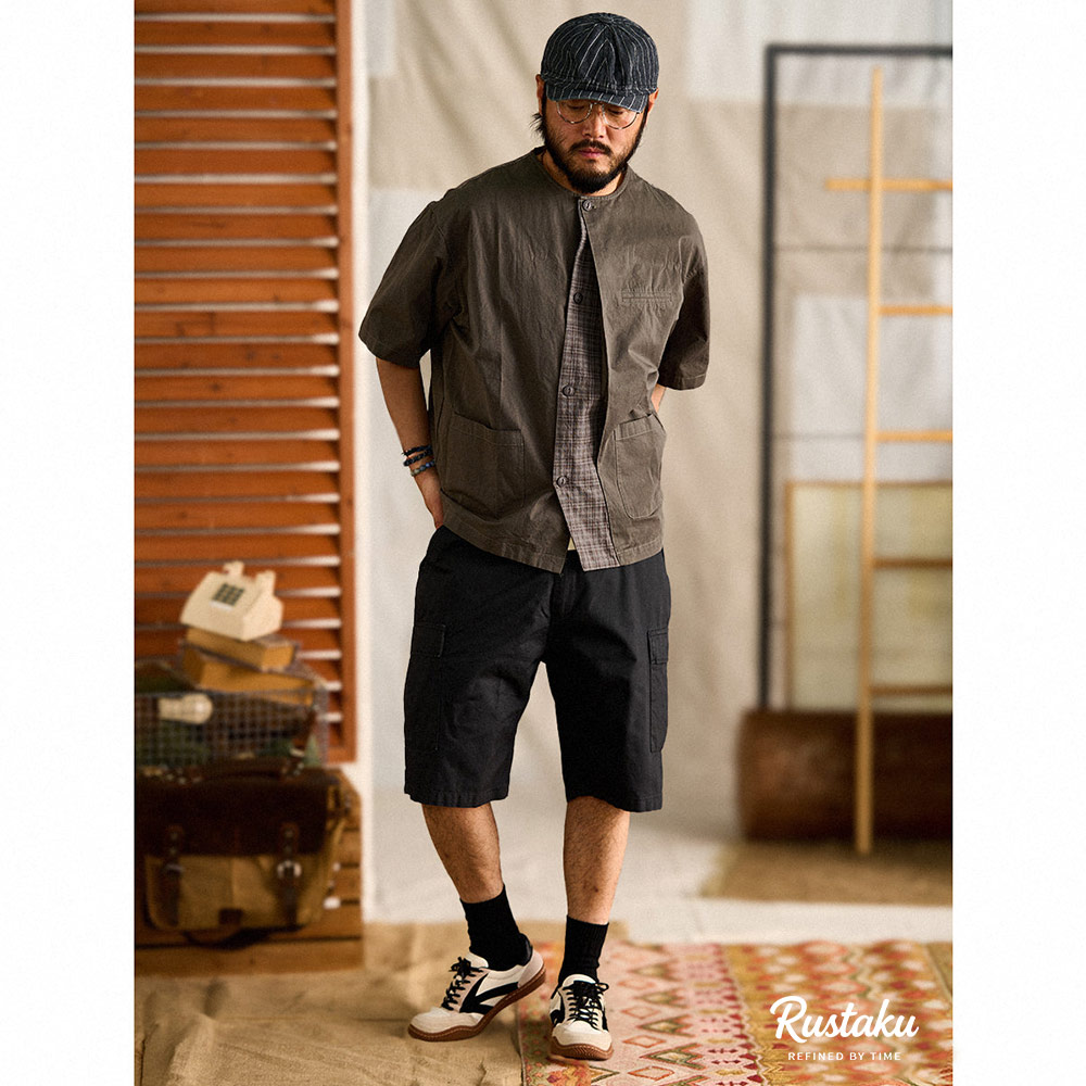 チェック柄切り替え　和風ノーカラーシャツ半袖