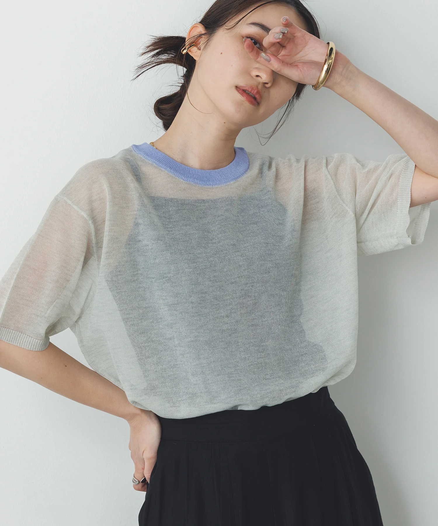 バイカラー シアー半袖ニット