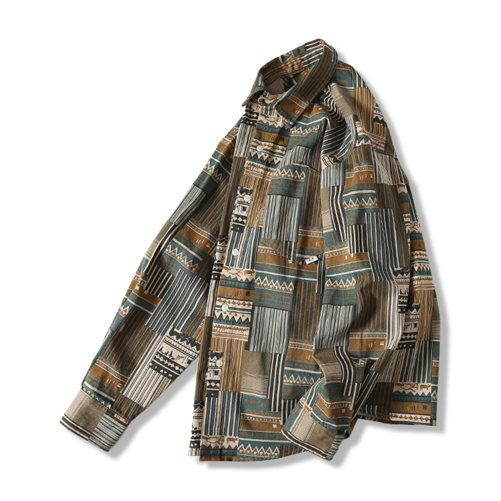 襤褸風エスニック柄パッチワークプリント　長袖シャツ