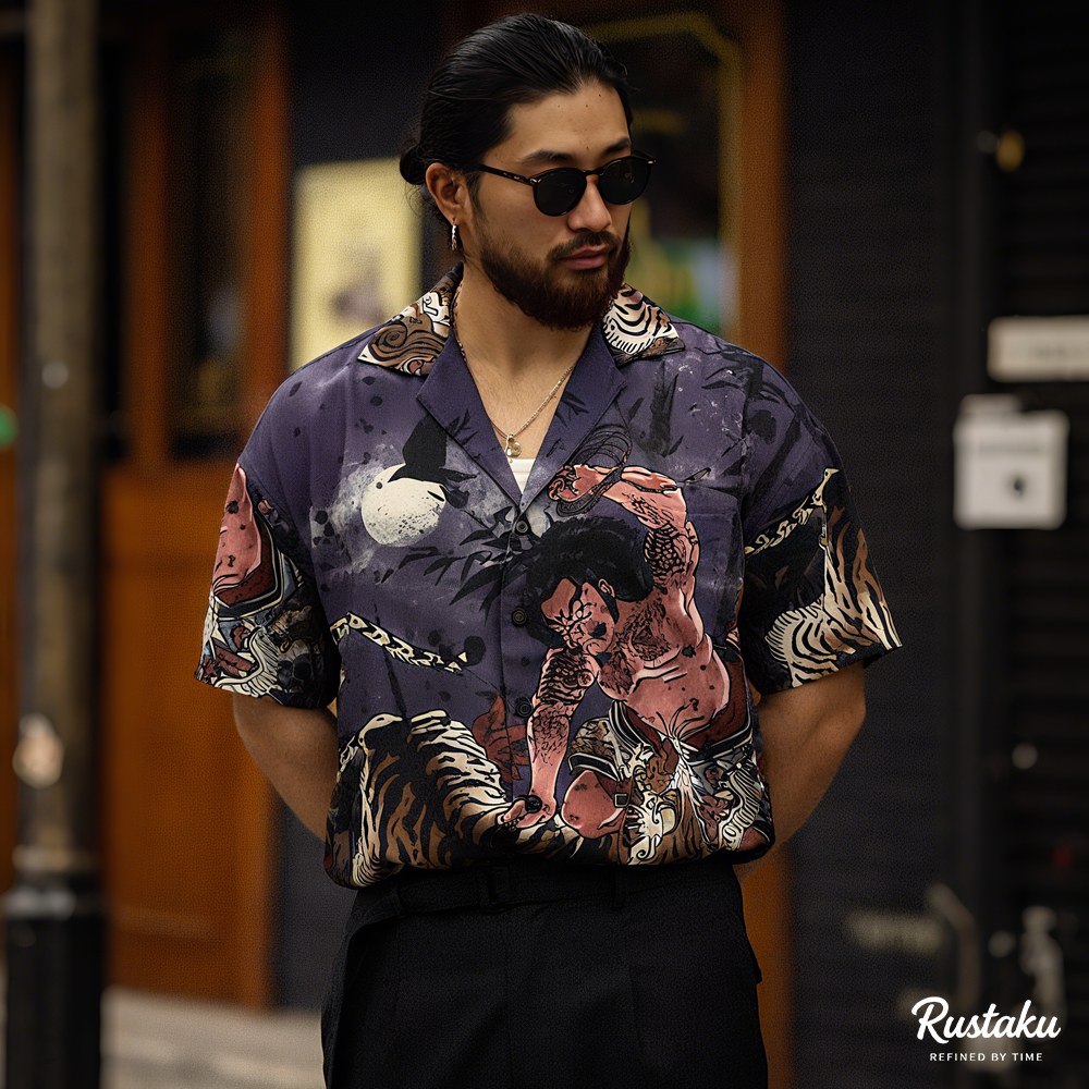 「水滸伝・武松の虎退治」浮世絵タッチ クールタッチキューバカラーシャツ半袖