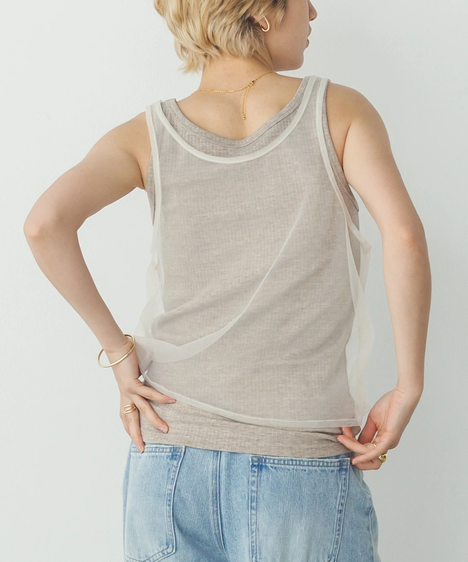 チュールレイヤード リブタンクトップ