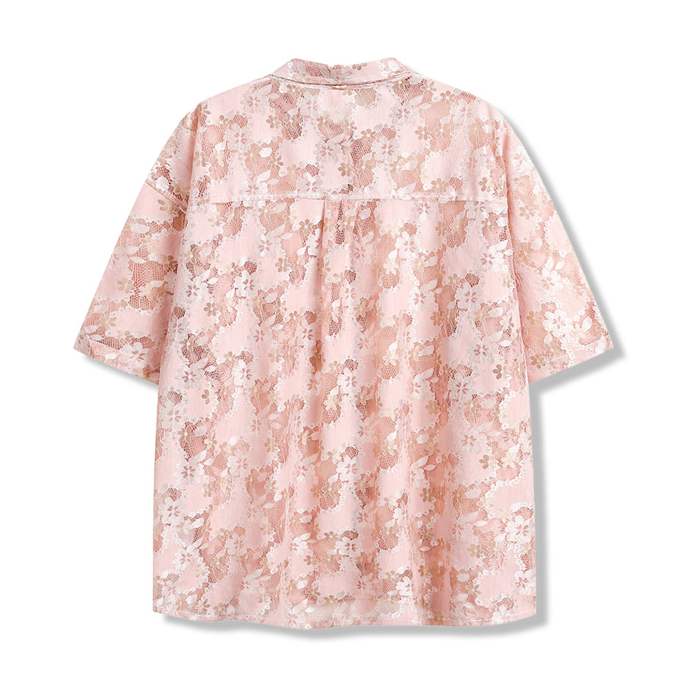 桜柄透かし彫りレース半袖シャツ