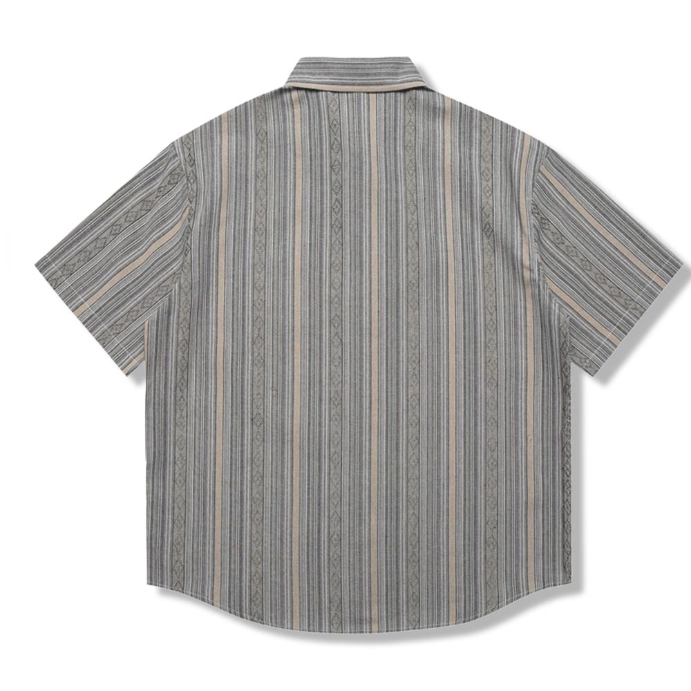 和風先染めストライプ　幾何柄ジャカード半袖シャツ