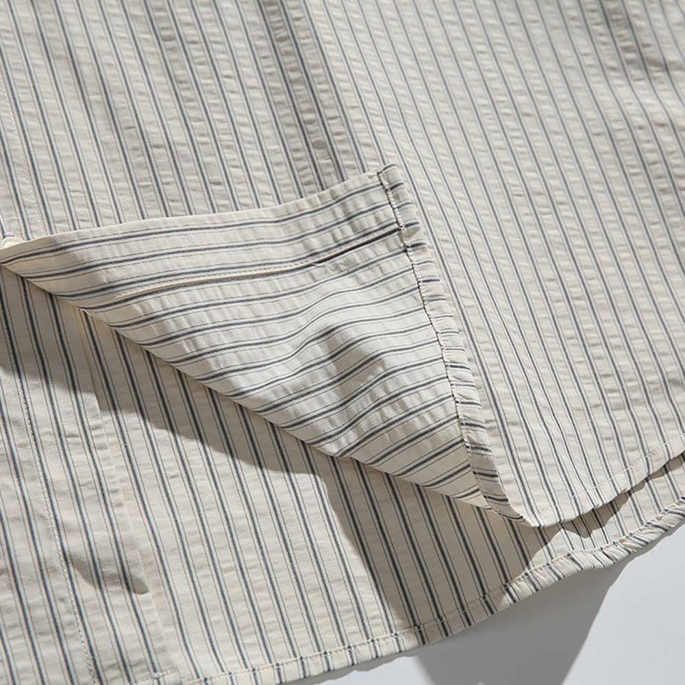 ストライプシアサッカー　刺繍ワッペン付きアメリカン長袖シャツ