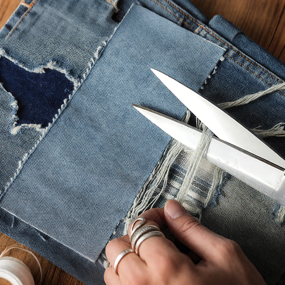 DIYクラフトダメージパッチワーク　ヘビーオンスセルビッジデニムパンツ