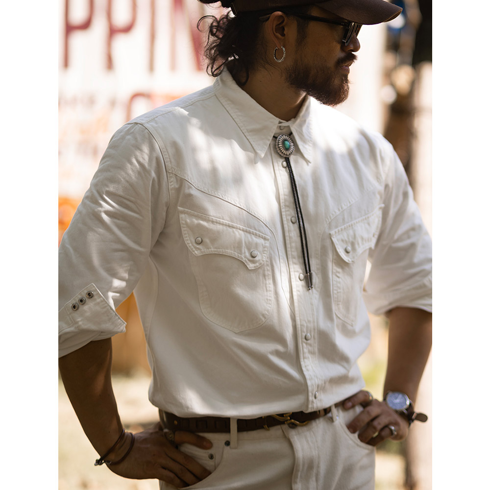 レトロパールボタン　スラブコットンウエスタンデニムシャツ