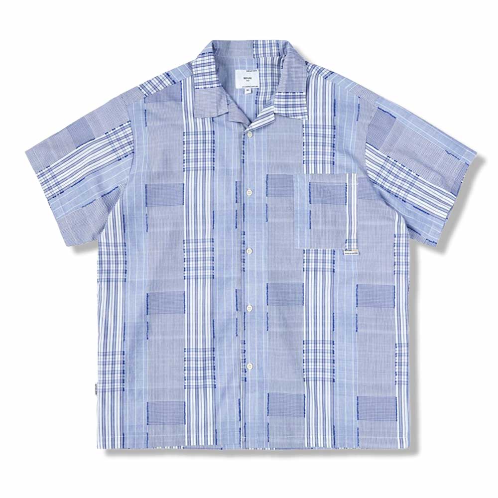 アメカジ　チェック柄パッチワークキューバシャツ 半袖 