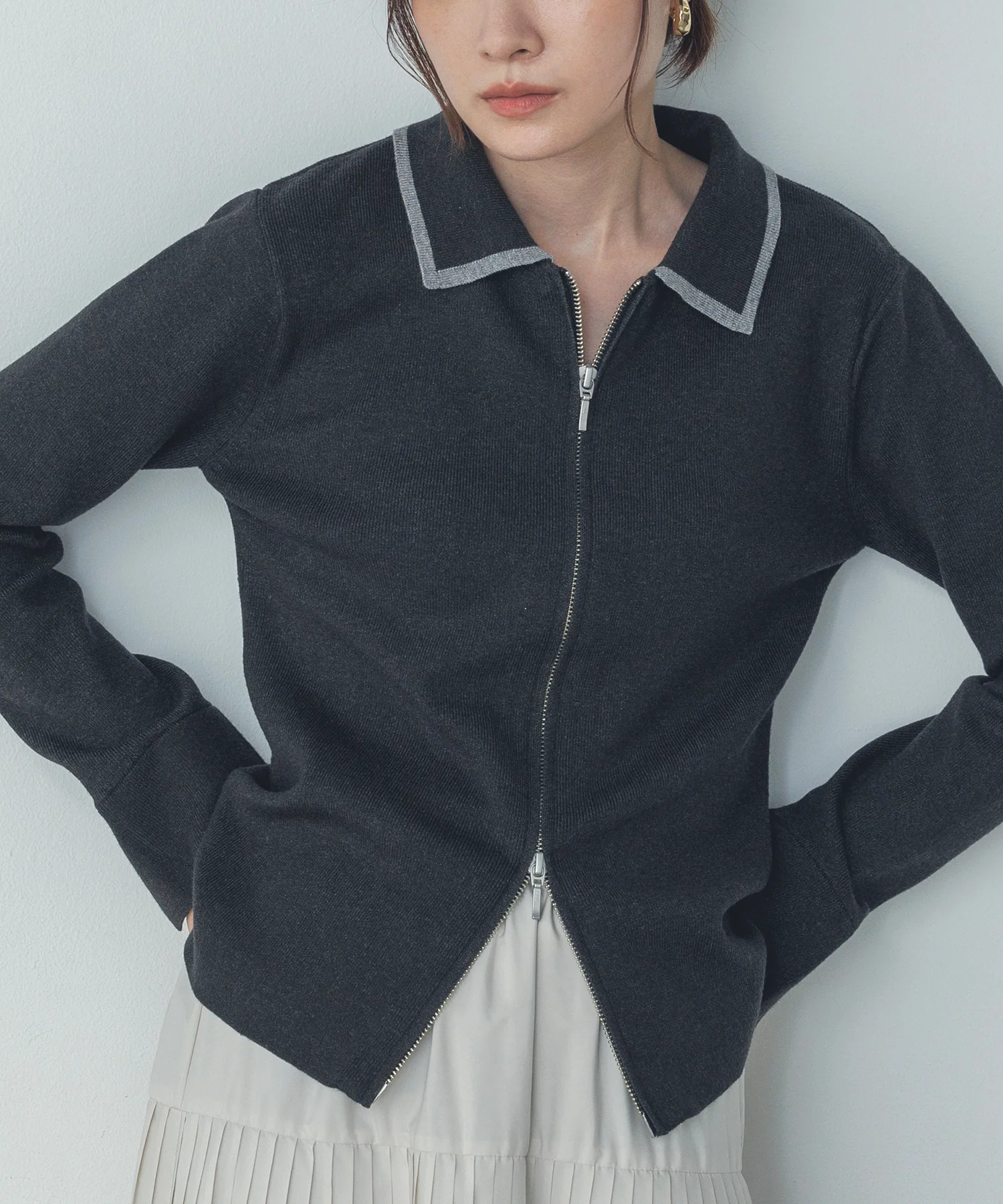 【静電気防止】やわもちヤーン Wジップポロニット