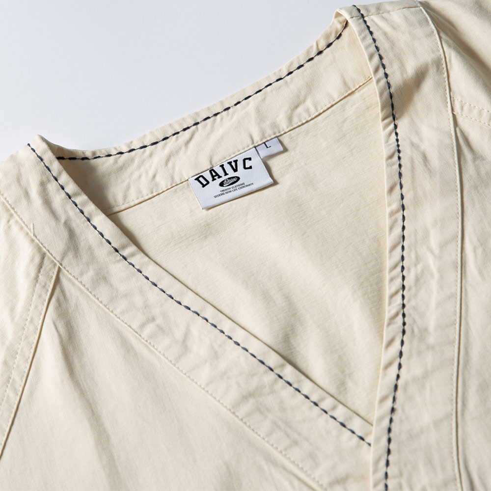 和風刺し子　ノーカラーラグランスリーブシャツ