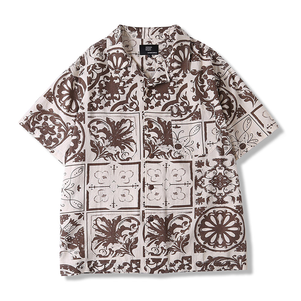 ヨーロピアンクラシック装飾アート風　ヴィンテージタイル柄 半袖シャツ