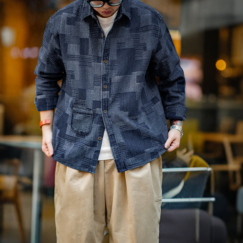 襤褸風刺し子先染めデニムシャツ