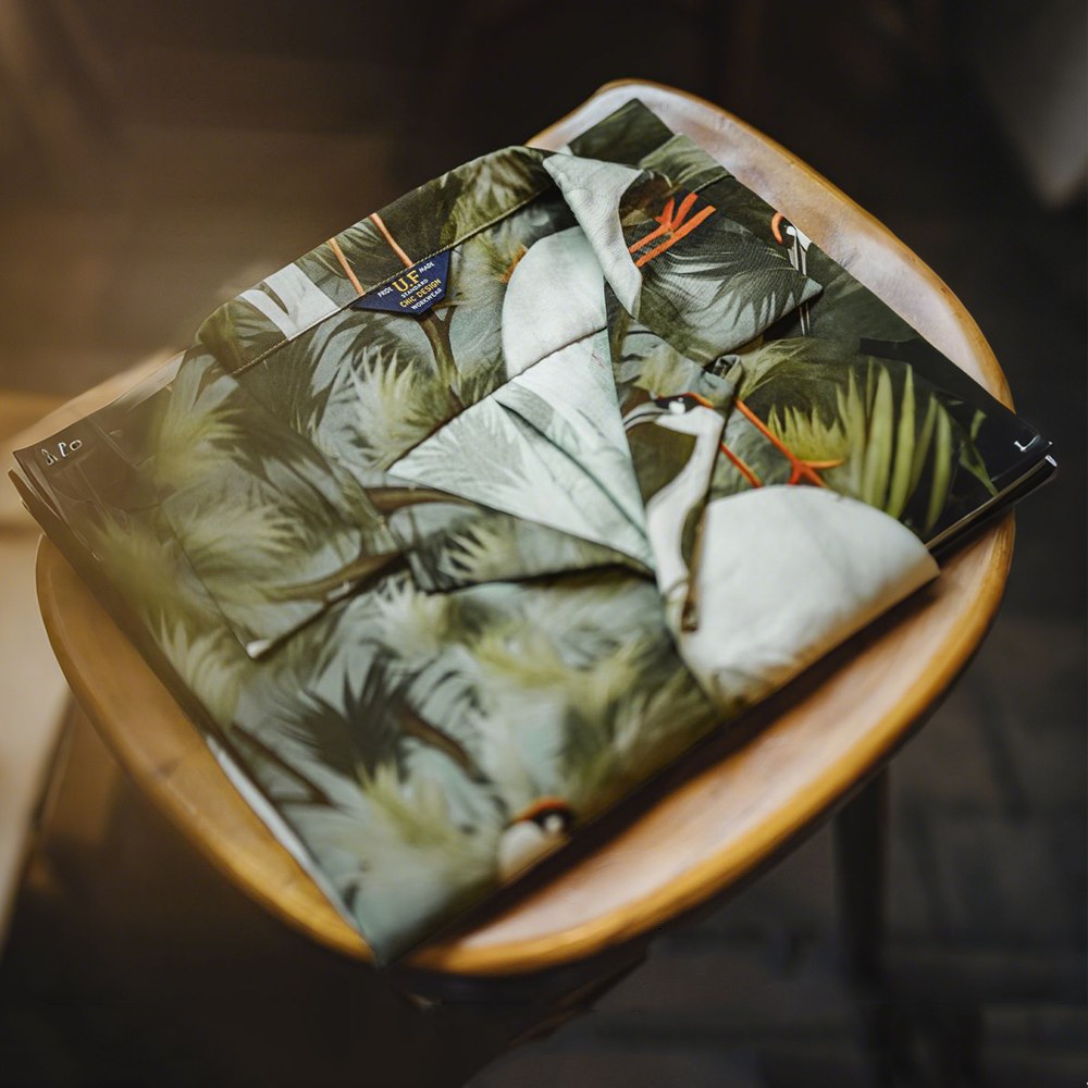 「松と鶴」プリント　シワ防止接触冷感開襟シャツ