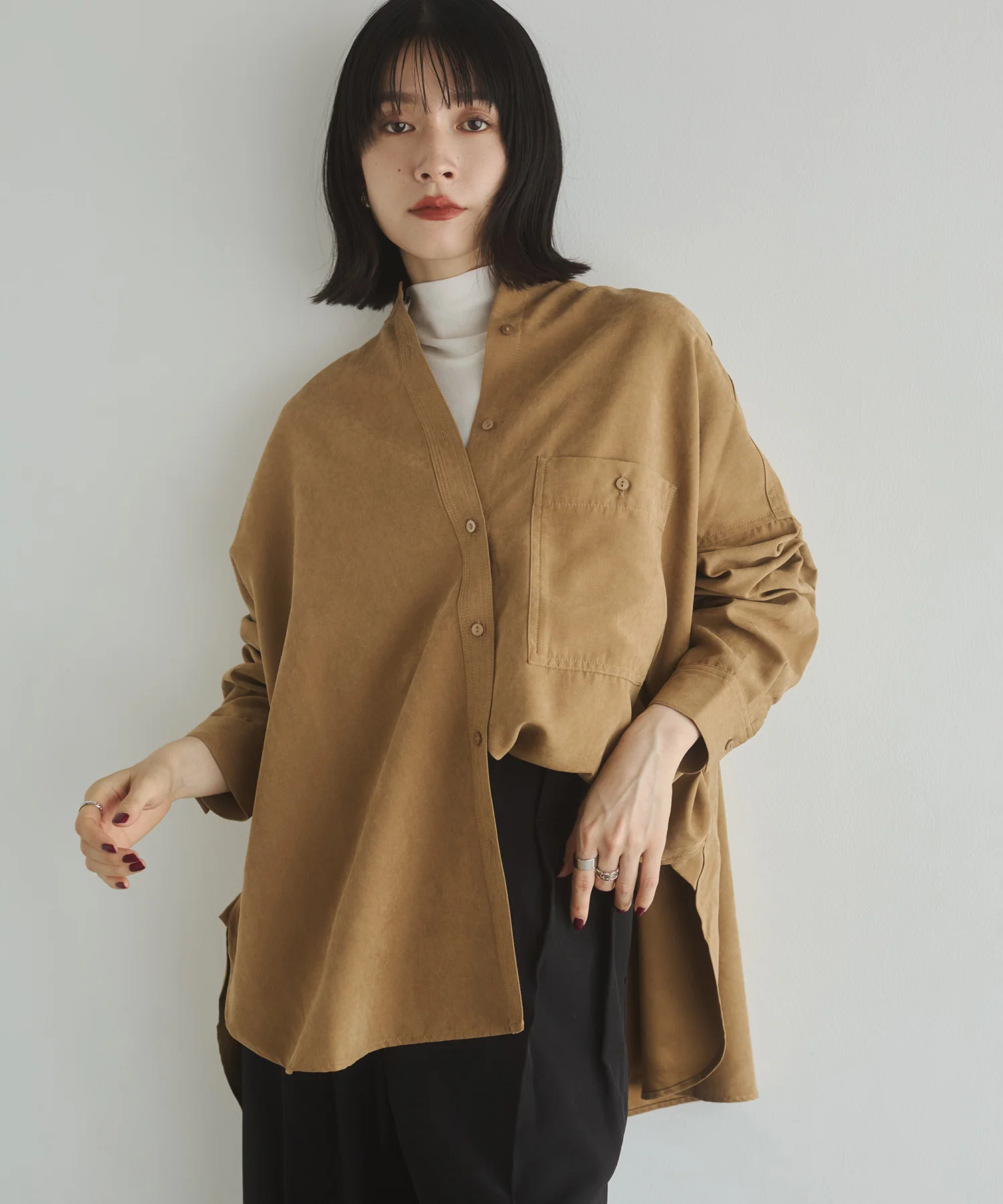 【WEB限定/別注】スウェードライク バンドカラーオーバーサイズシャツ