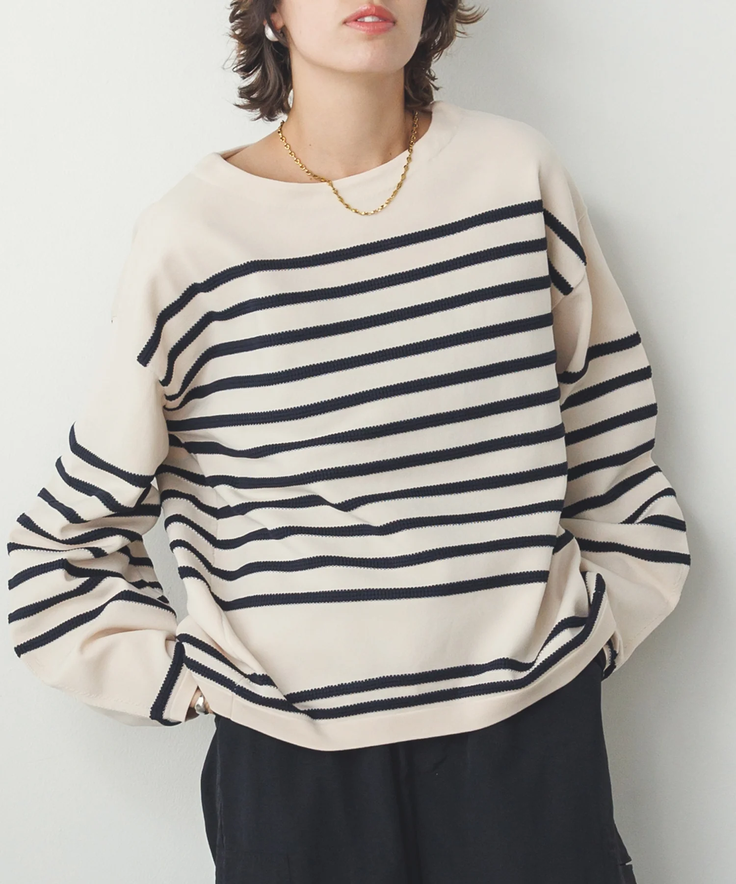 スポンディッシュ 柄編みボーダーニット